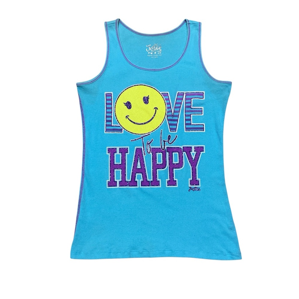 Justice Tank Top Girls 20 Casual Blue Glitter Love To Be Happy Sleeveless Shirt